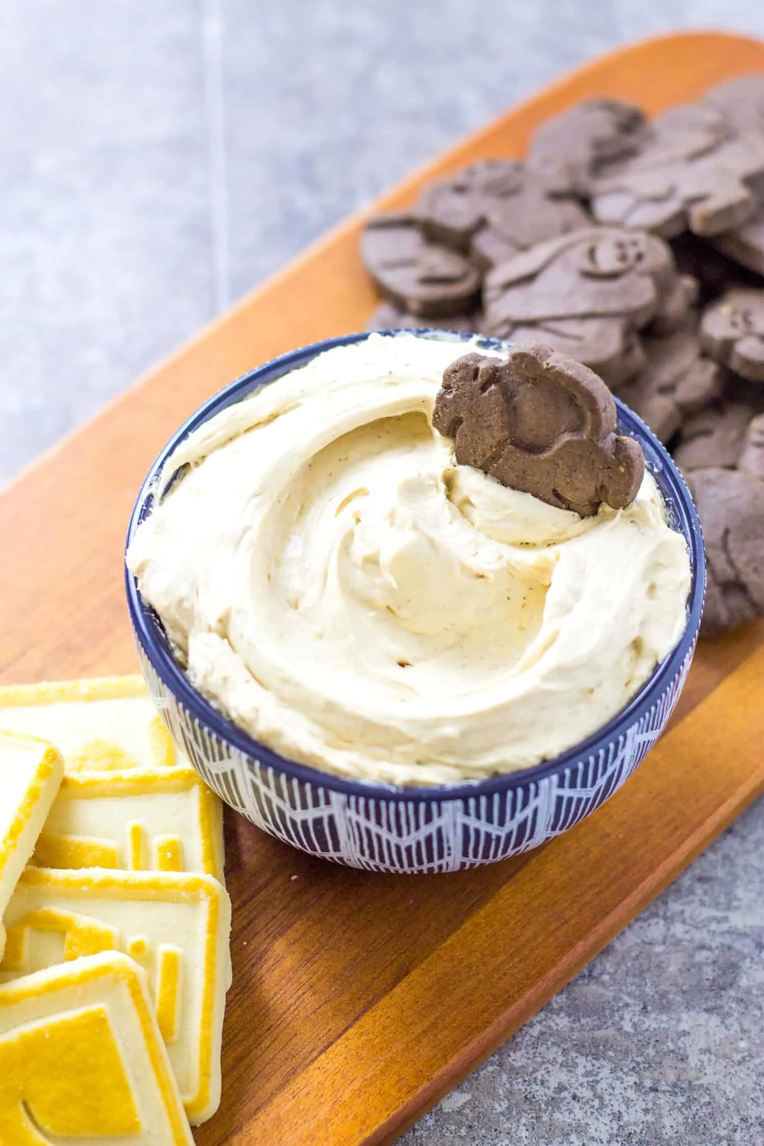 Overhead of Chai latte dip in a bowl with a cookie in it