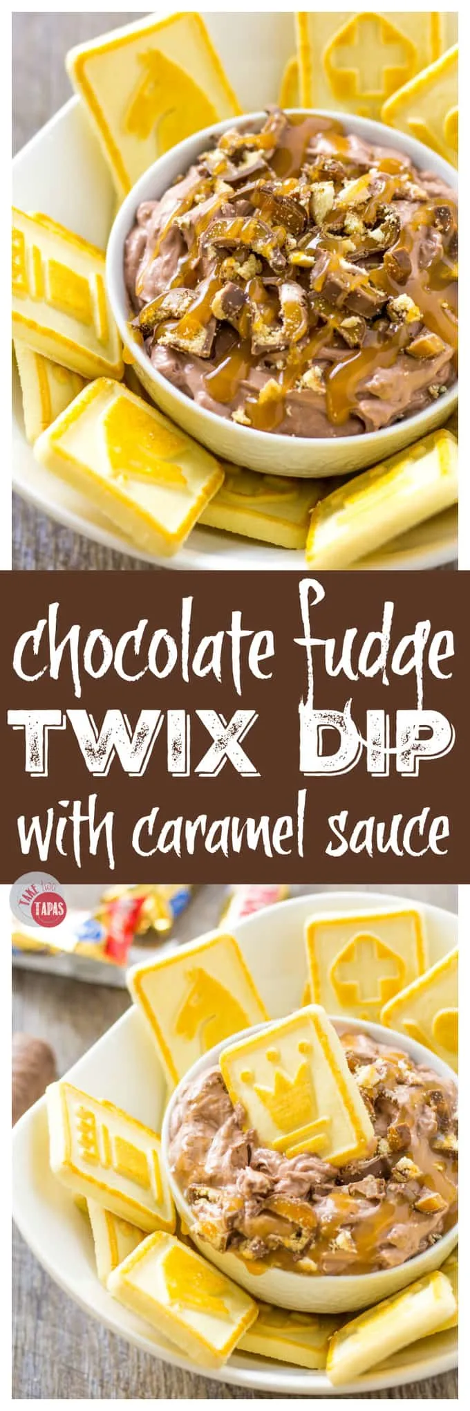 Pin this Chocolate Fudge Caramel Twix Dip