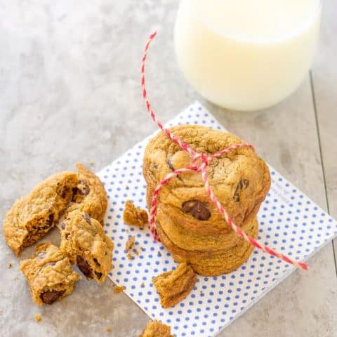 overhead of Cinnamon Chocolate Chip Cookies with one broken in pieces on a polka dot napkin and a glass of milk on a white tile surface.