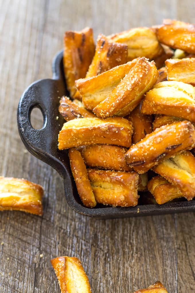 French Onion Pretzel Nuggets in cast iron platter on a wood table