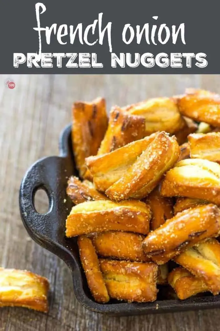 Pinterest image with text "French Onion Pretzel Nuggets"