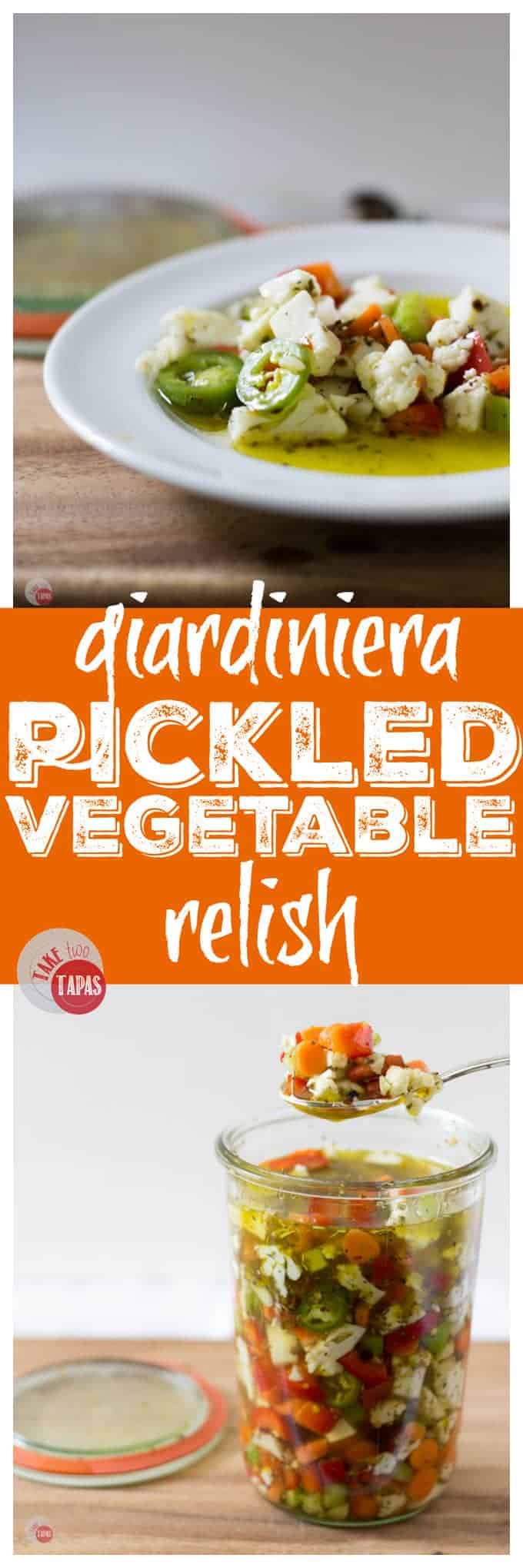 Pinterest collage image with text "Giardiniera Pickled Vegetable Relish"