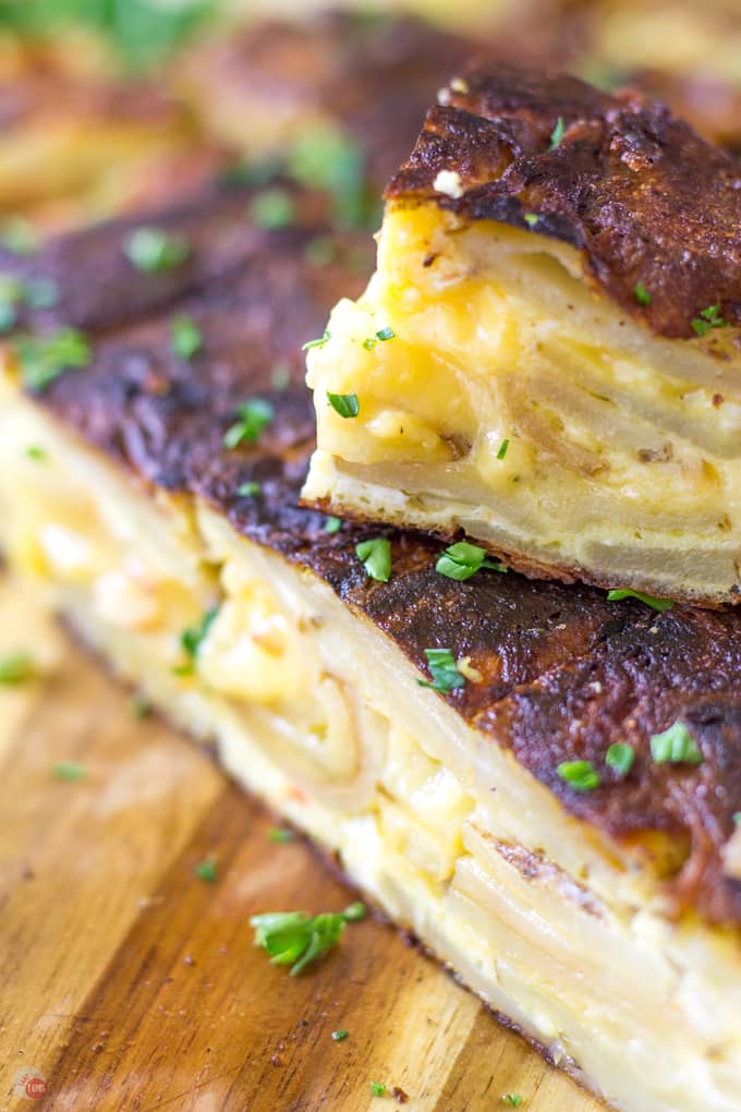 Let it set up and cool down for about 5 minutes. This Tortilla Espanola will be hot! | Take Two Tapas