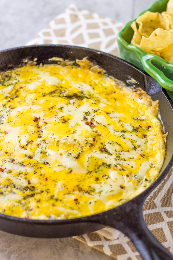 Spicy Poblano Pepper Skillet Dip | Take Two Tapas | #SkilletDip #PoblanoPopper #JalapeñoPopper #TailgatingDip #MakeAheadTailgatingFood