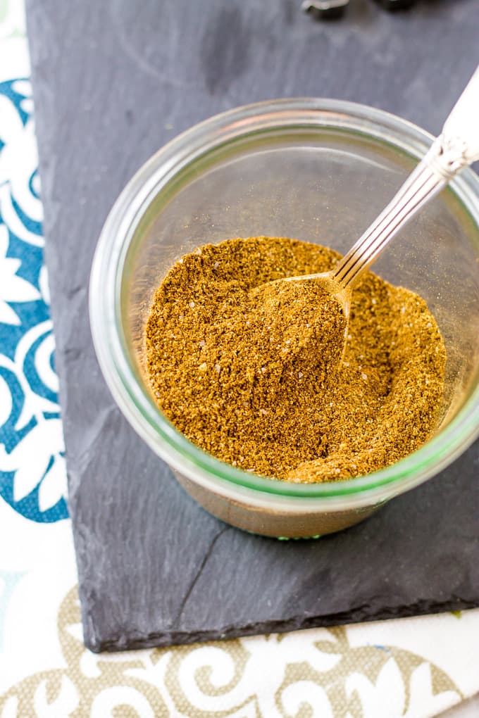 overhead picture of shawarma spice mix in a jar