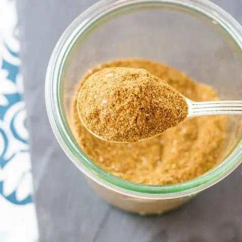 overhead picture of a spoon full of spice mix
