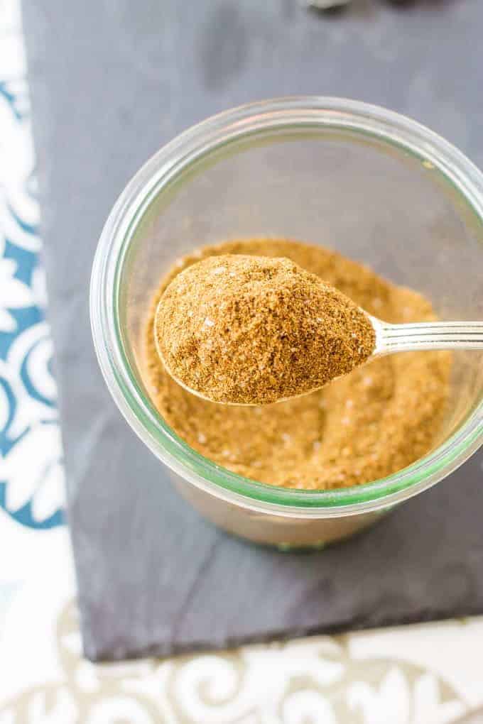 overhead picture of a spoon full of spice mix