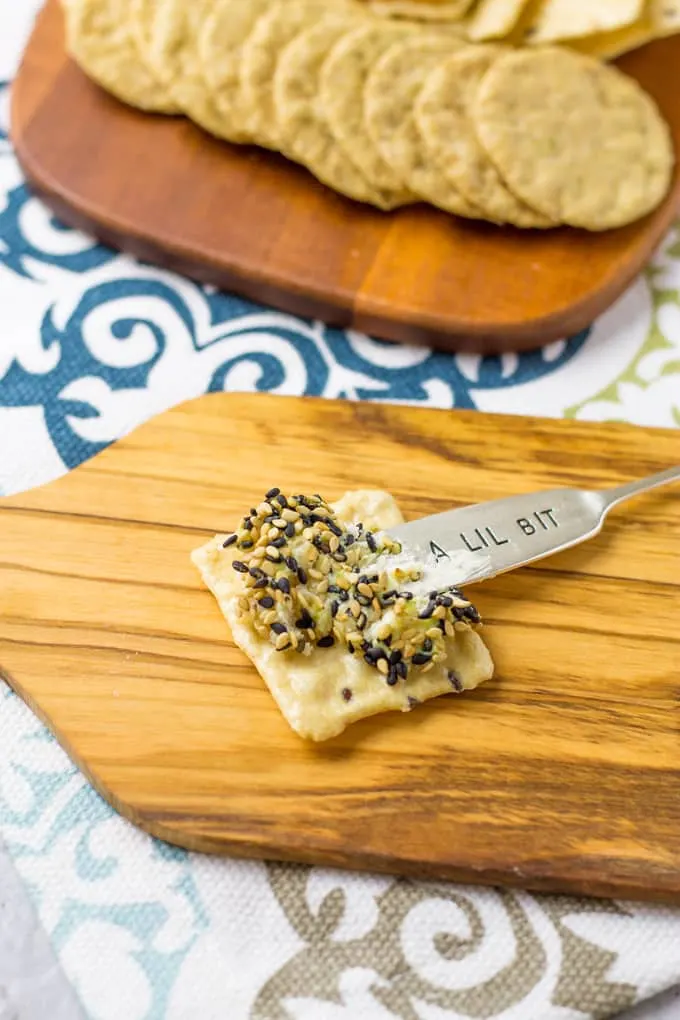 Spread this Asian-inspired Wasabi Ginger Cheese Ball on a rice cracker | Take Two Tapas | #AsianRecipes #CheeseBallRecipes #Wasabi #Ginger #EasyPartyFoods