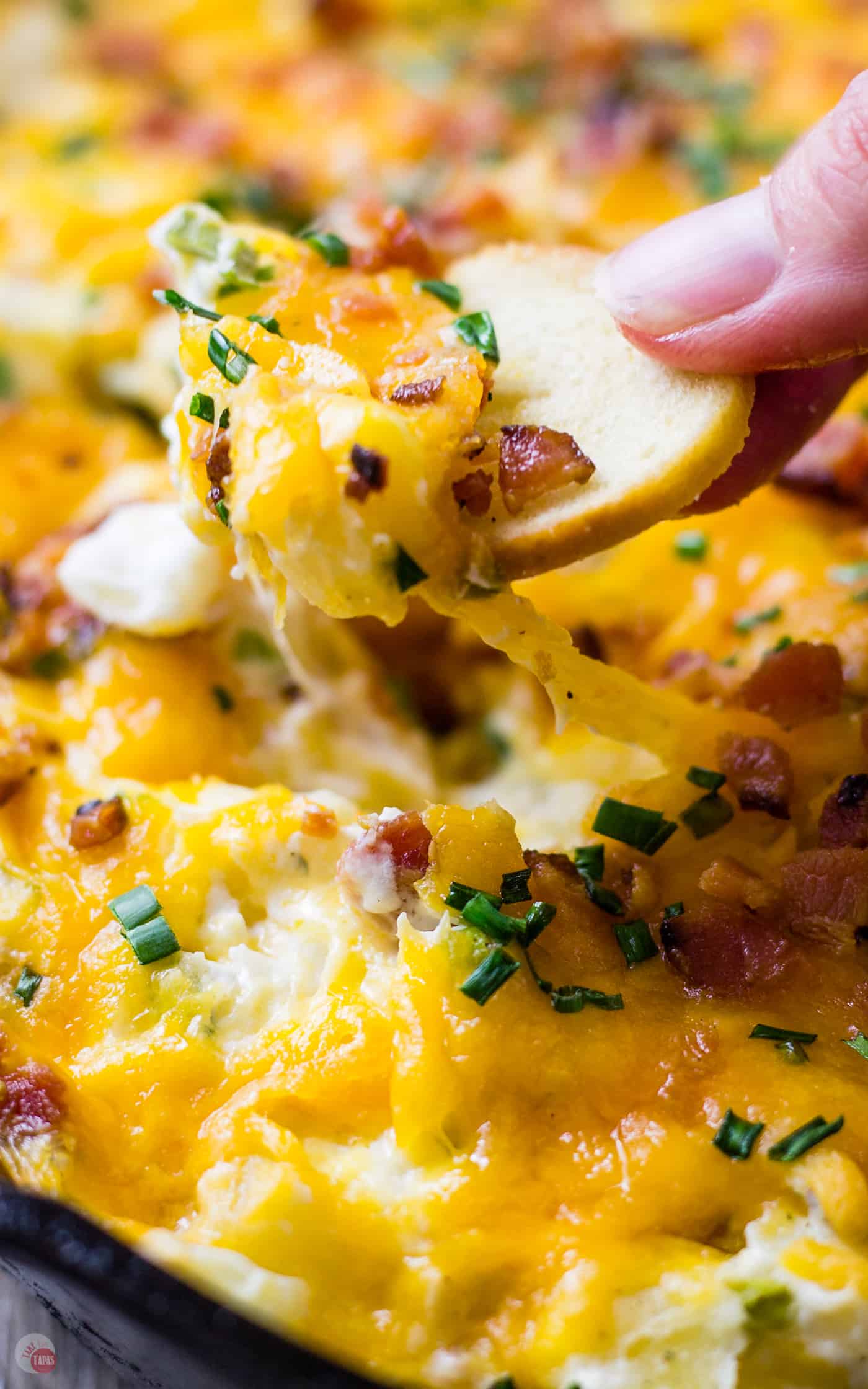 close up of cheese stretching out of dip