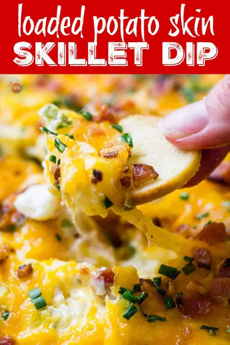 Pinterest image with text "loaded potato skin skillet dip"