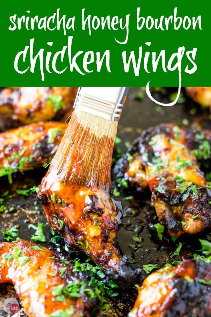 Pinterest image with text "sriracha honey bourbon chicken wings"