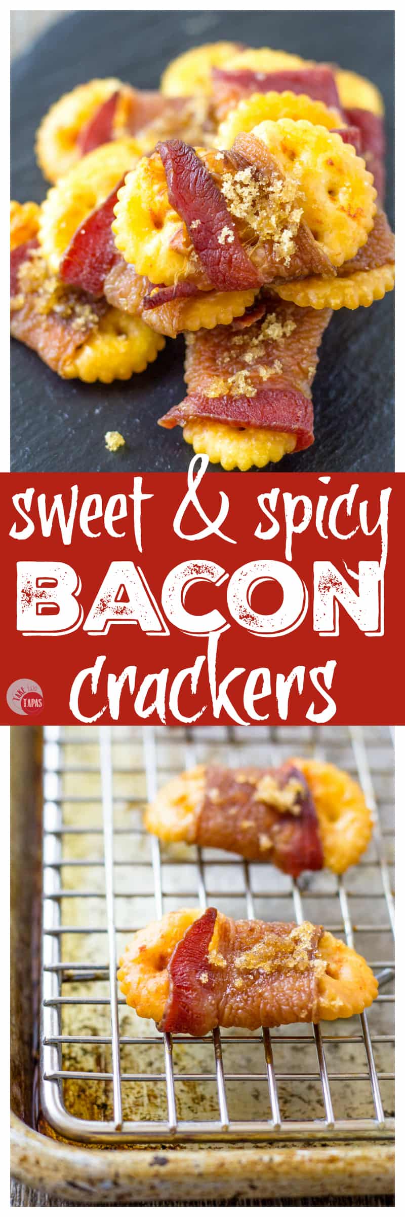 Pinterest collage image with text "sweet & spicy Bacon crackers"