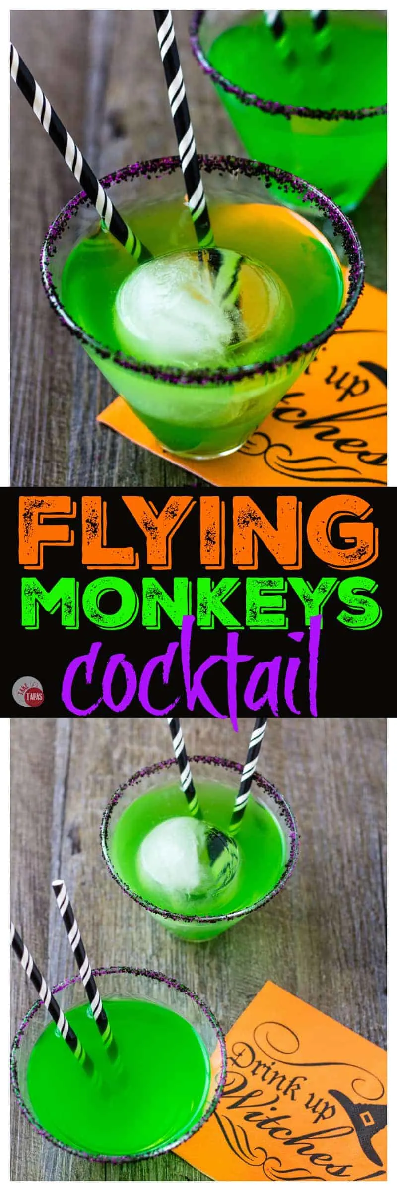 The Fall flavors of apple and pear are combined in a fun and spooky Halloween witch cocktail called the Flying Monkeys.  Complete with a crystal ball and striped sock straws! | Take Two Tapas