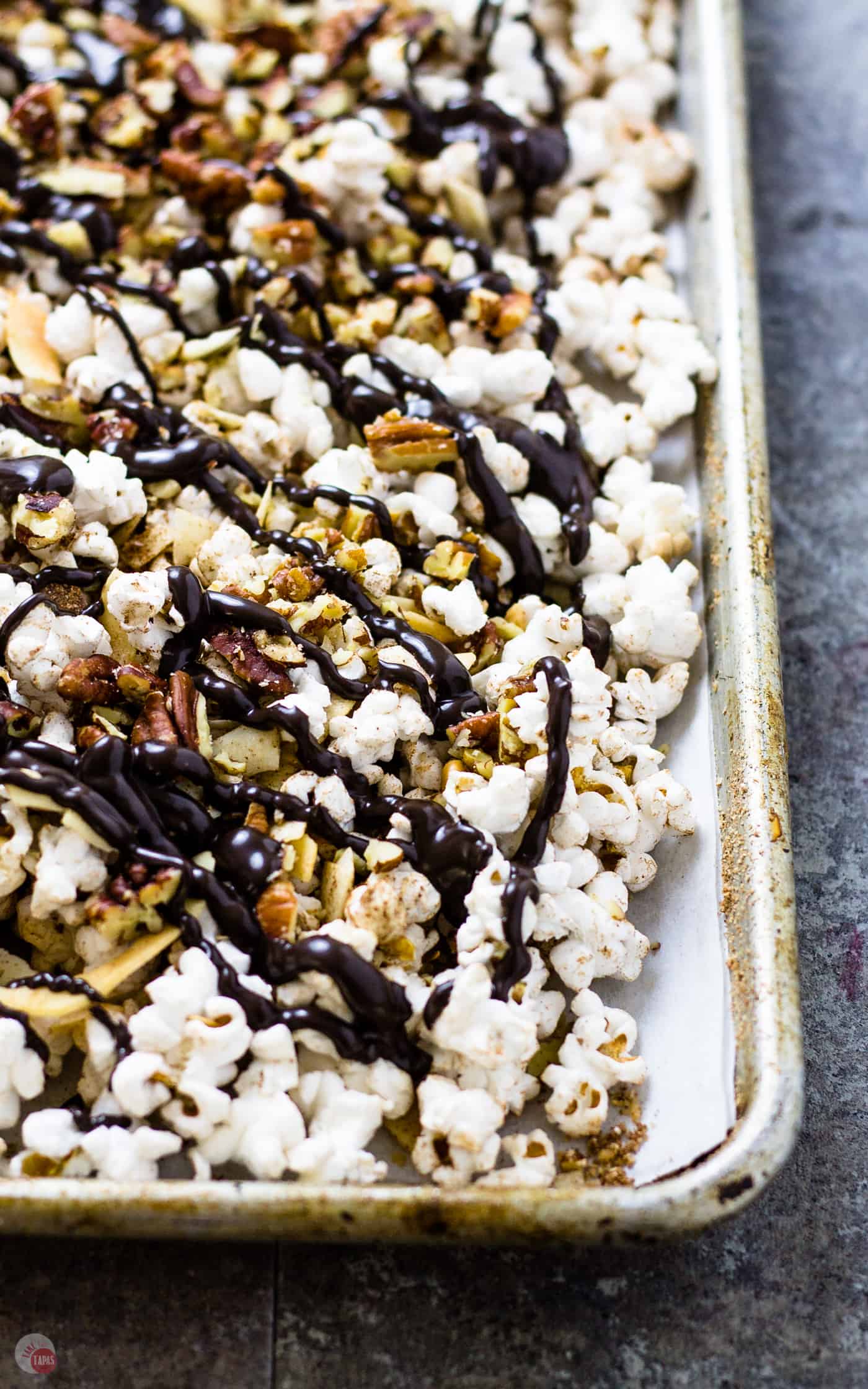 Toffee bits are a nice crunch in my German Chocolate Popcorn | Take Two Tapas