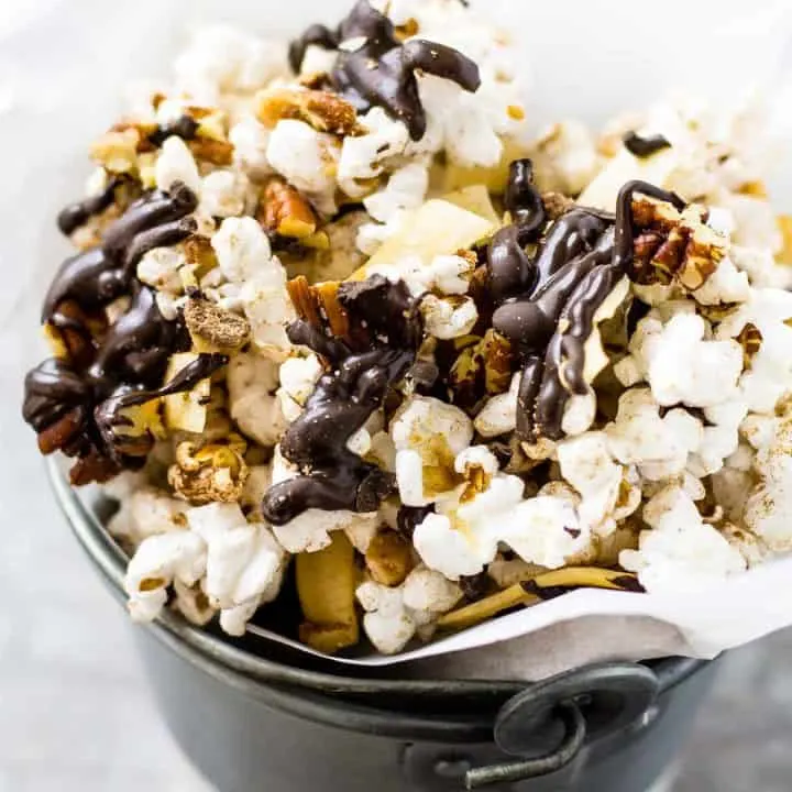 overhead of German Chocolate Popcorn in a bucket