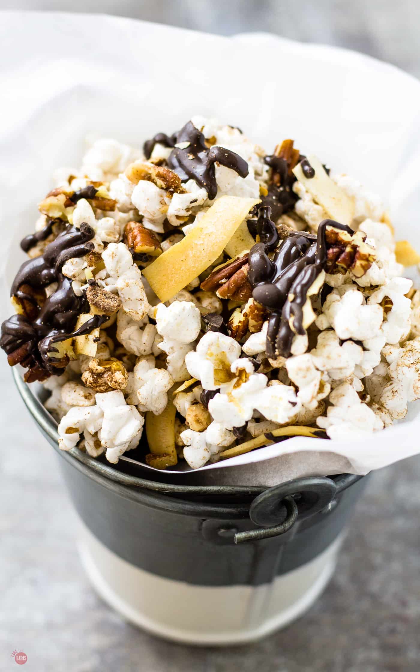 The toasted coconut chips are the highlight of my German Chocolate Popcorn | Take Two Tapas