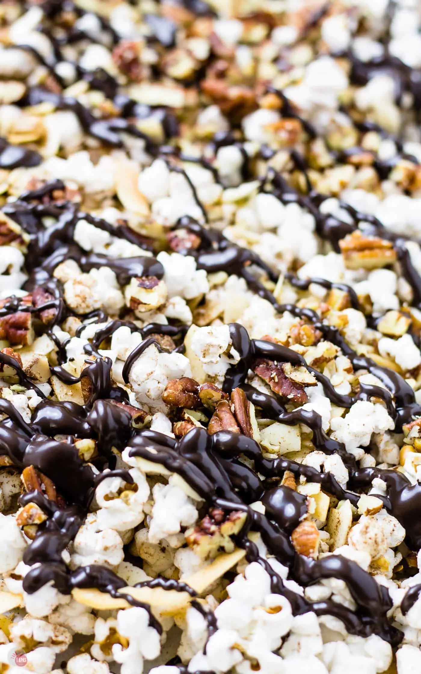 Check out this chocolate drizzle on my German Chocolate Popcorn | Take Two Tapas