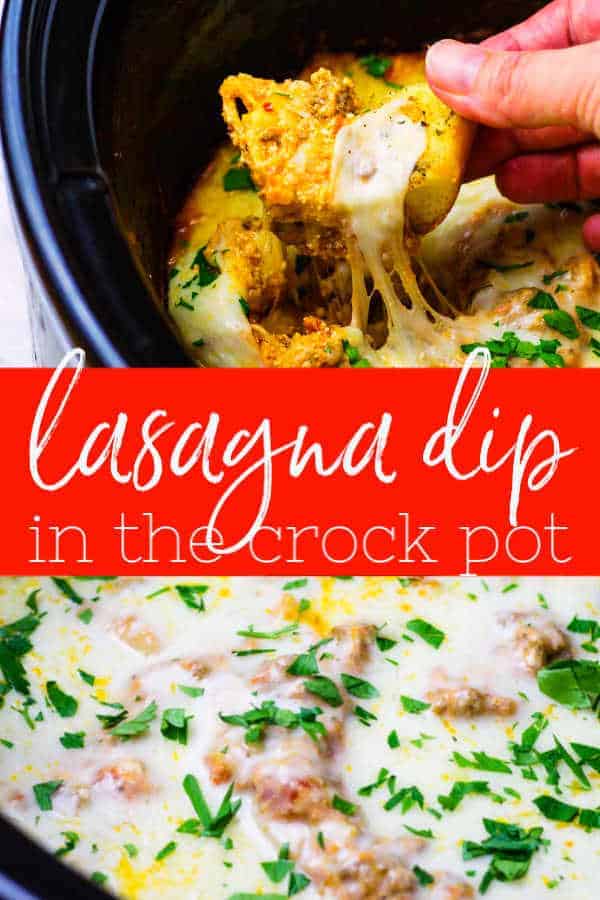 Lasagna dip is a great way to serve your favorite Italian meal but in a fun new way. Perfect for game day, holidays, or a fun and easy weeknight meal for the family that even the kids will love! #lasagnadip #dip #easy #recipe #crockpot #slowcooker #groundbeefrecipe