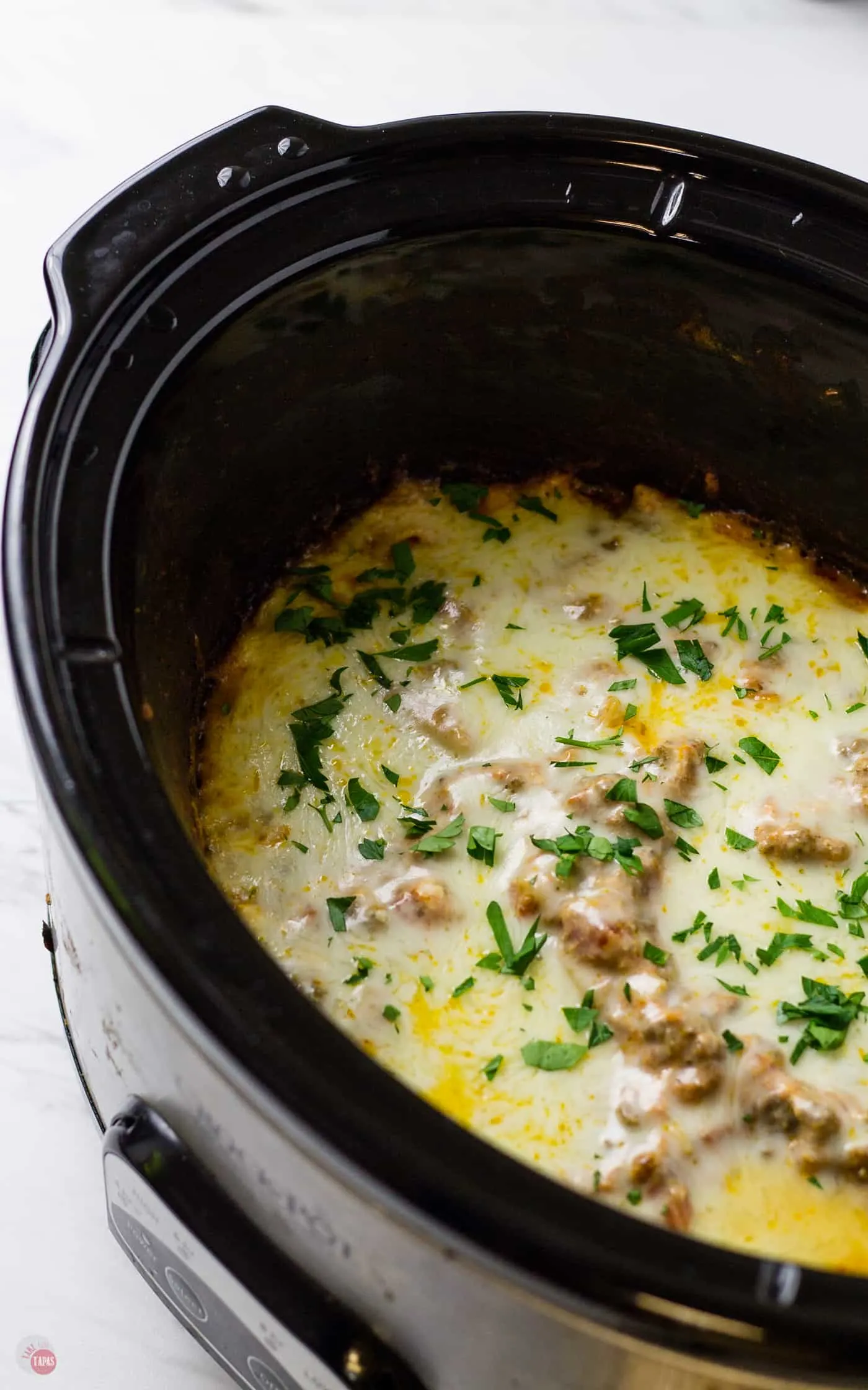 overhead of dip in a crock pot