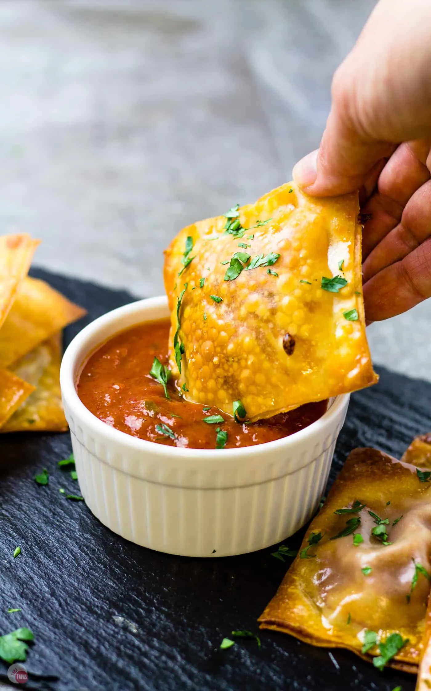 A fun new way to eat thin crust pizza, which is my favorite crust, is my pepperoni pizza packets. Crispy and spicy and totally dippable! Take Two Tapas