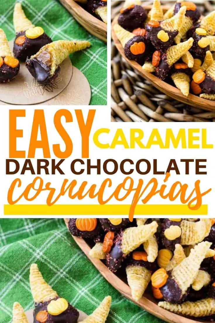 Pinterest collage with text "easy caramel dark chocolate cornucopias"