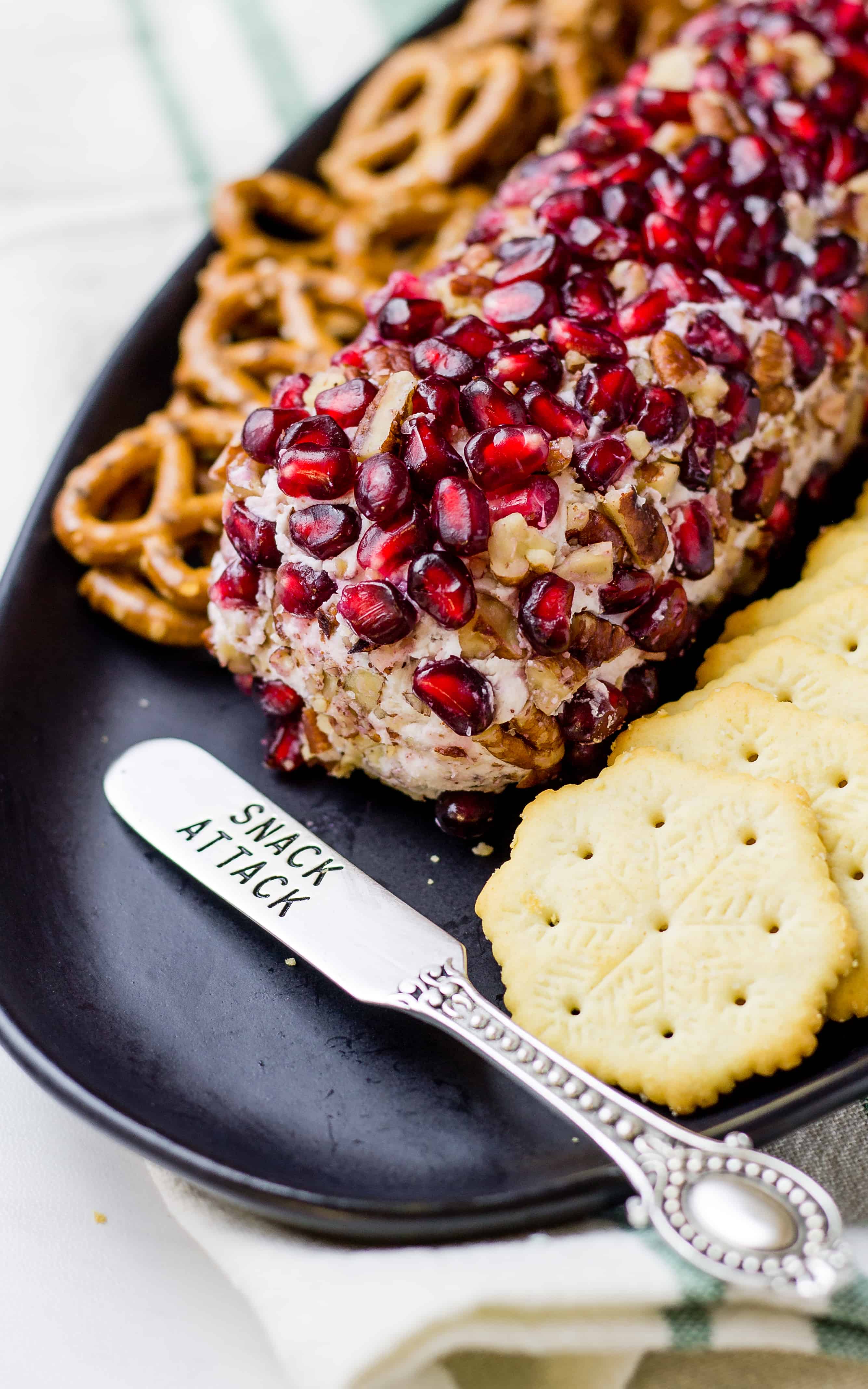 Pomegranate Drunken Goat Cheese Log | Take Two Tapas | #GoatCheese #CheeseSpread #CheeseLog #Pomegranate #Appetizers #Holidays