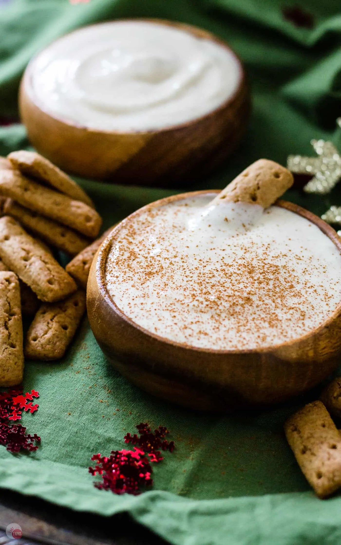 egg nog dip with cinnamon sprinkles in bowl