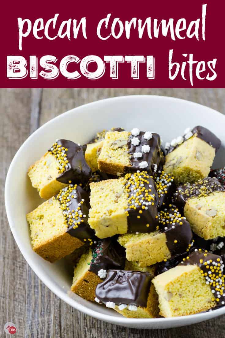 Pinterest image with text "pecan cornmeal biscotti bites"