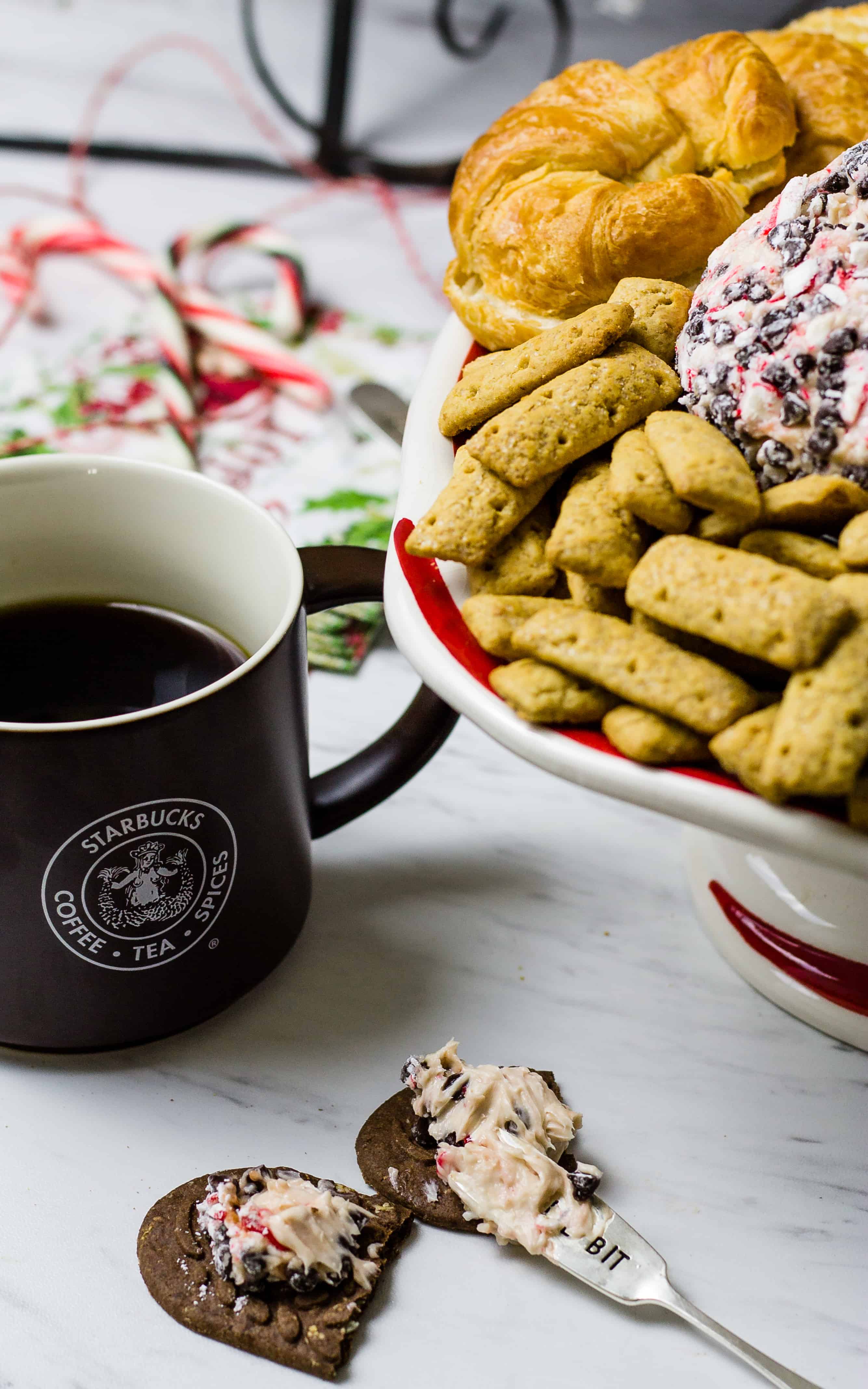 Spread the Peppermint Cheese Ball on a breakfast cookie! | Take Two Tapas | #SavorHolidayFlavors #Holidays #Peppermint #CheeseBall #Coffee