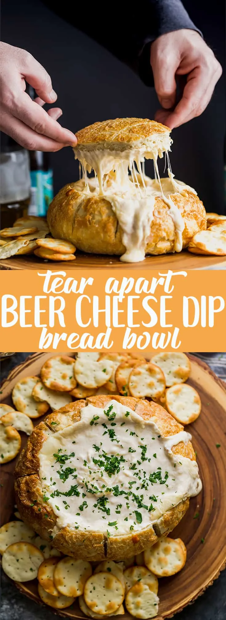 Pinterest collage image with text "tear apart beer cheese dip bread bowl"