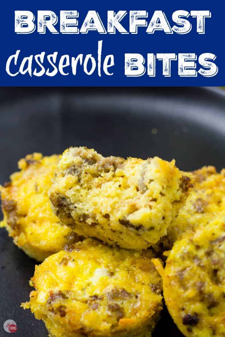 Pinterest close up image with text "breakfast casserole bites"
