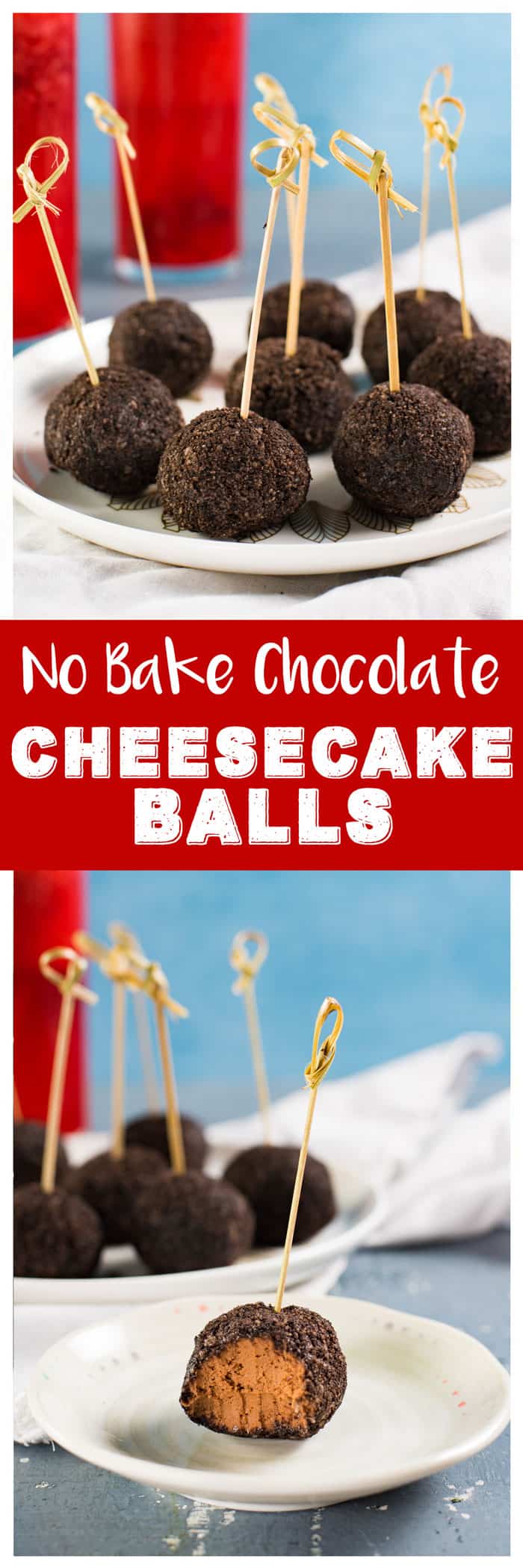 Deliciously Creamy No Bake Chocolate Cheesecake Bites, are perfect for any gathering - from holiday entertaining to party snacking. With a little bourbon, these boozy bite sized treats will be a devoured in minutes! #bitesized #truffles #nobake #chocolate