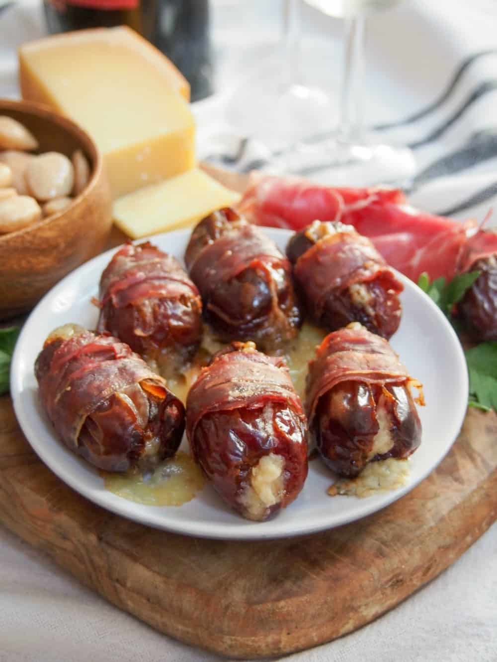 side view of prosciutto wrapped dates 