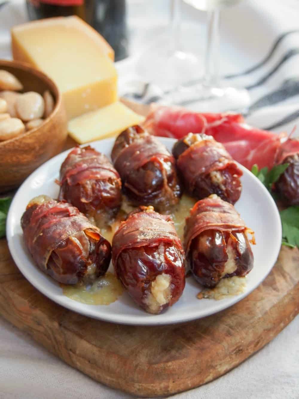 side view of prosciutto wrapped dates