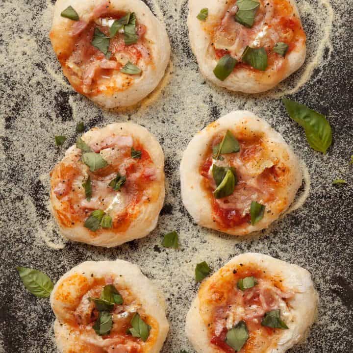 Bacon Brie Basil Mini Pizzas just out of the oven