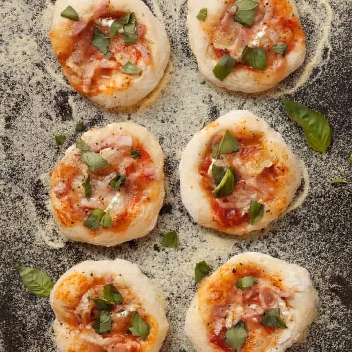 Bacon Brie Basil Mini Pizzas just out of the oven