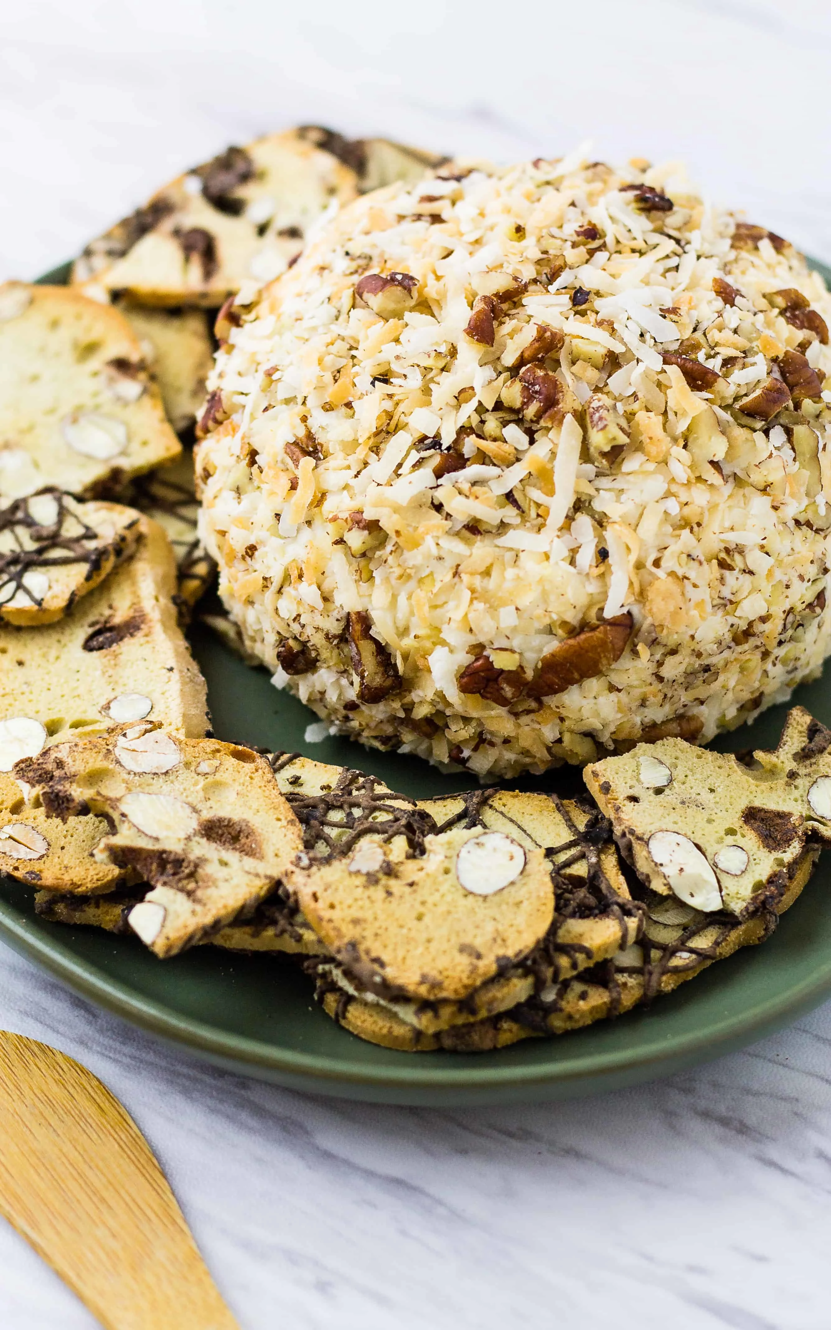 Serve this Italian Cream Cake Cheese Ball with thin biscotti | Take Two Tapas | #italiancreamcake #cheeseball #dessert #partyfoods