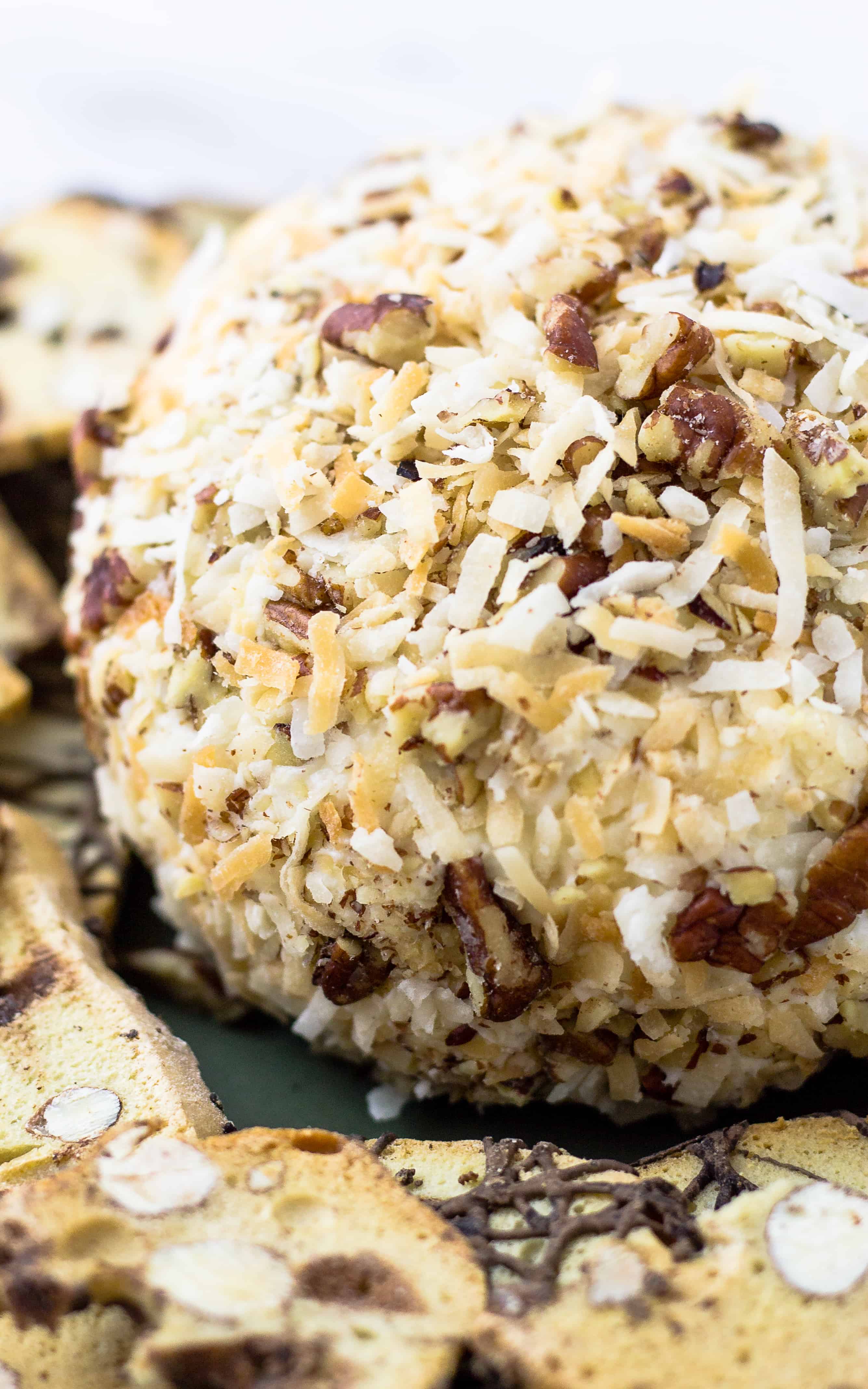 The toasted pecans and coconut really make this Italian Cream Cake Cheese Ball | Take Two Tapas | #Italiancreamcake #CheeseBall #Dessert #PartyFoods