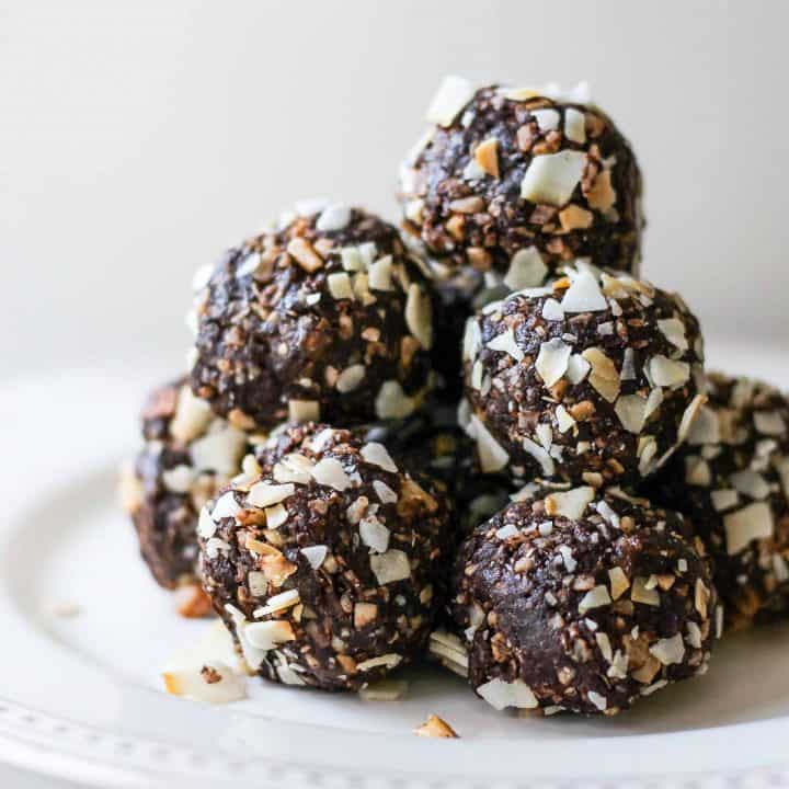 Paleo powerballs on a white serving tray