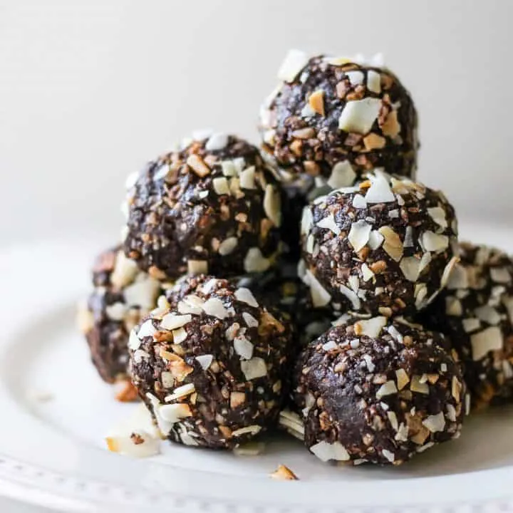 Paleo powerballs on a white serving tray