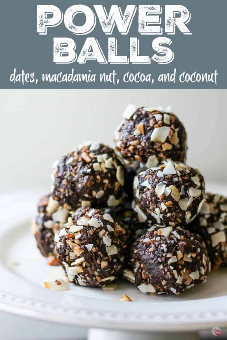 Pinterest image with text "Power balls dates, macadamia nut, cocoa, and coconut"