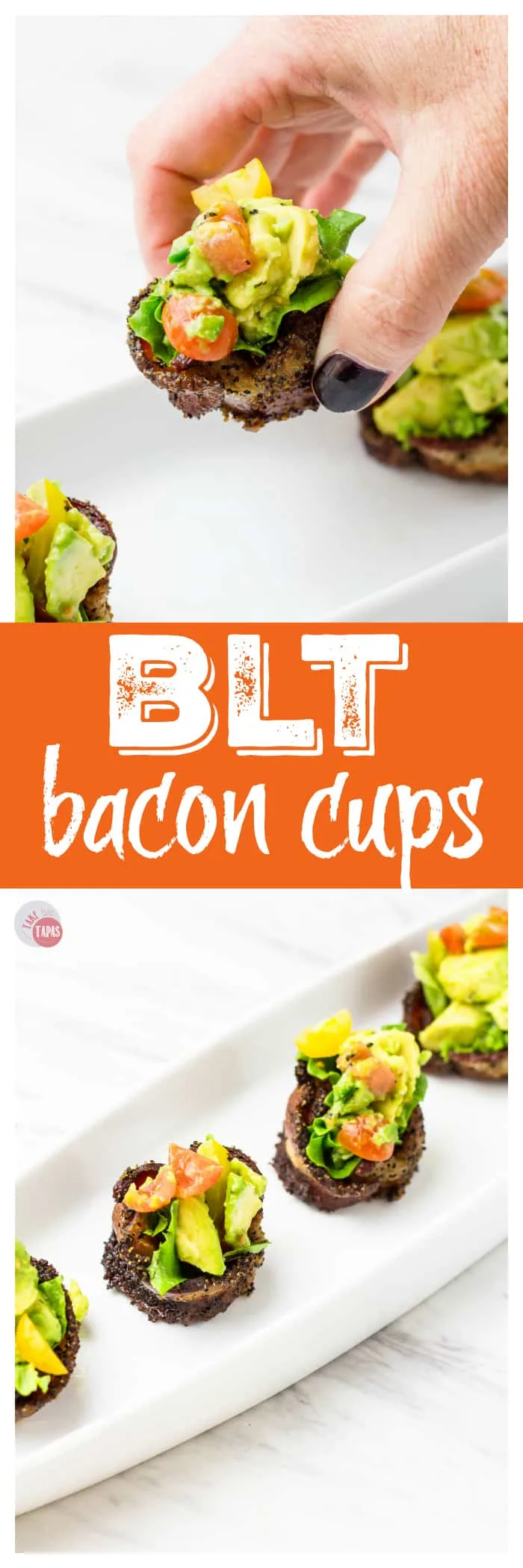 Pinterest collage with text "BLT bacon cups"