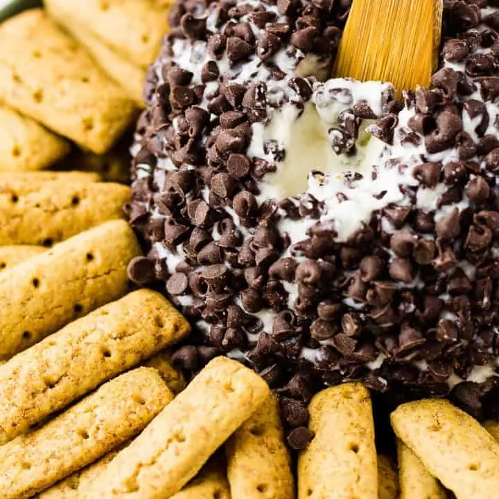 close up of Cannoli Cheese Ball with graham cracker cookie sticks on a plate