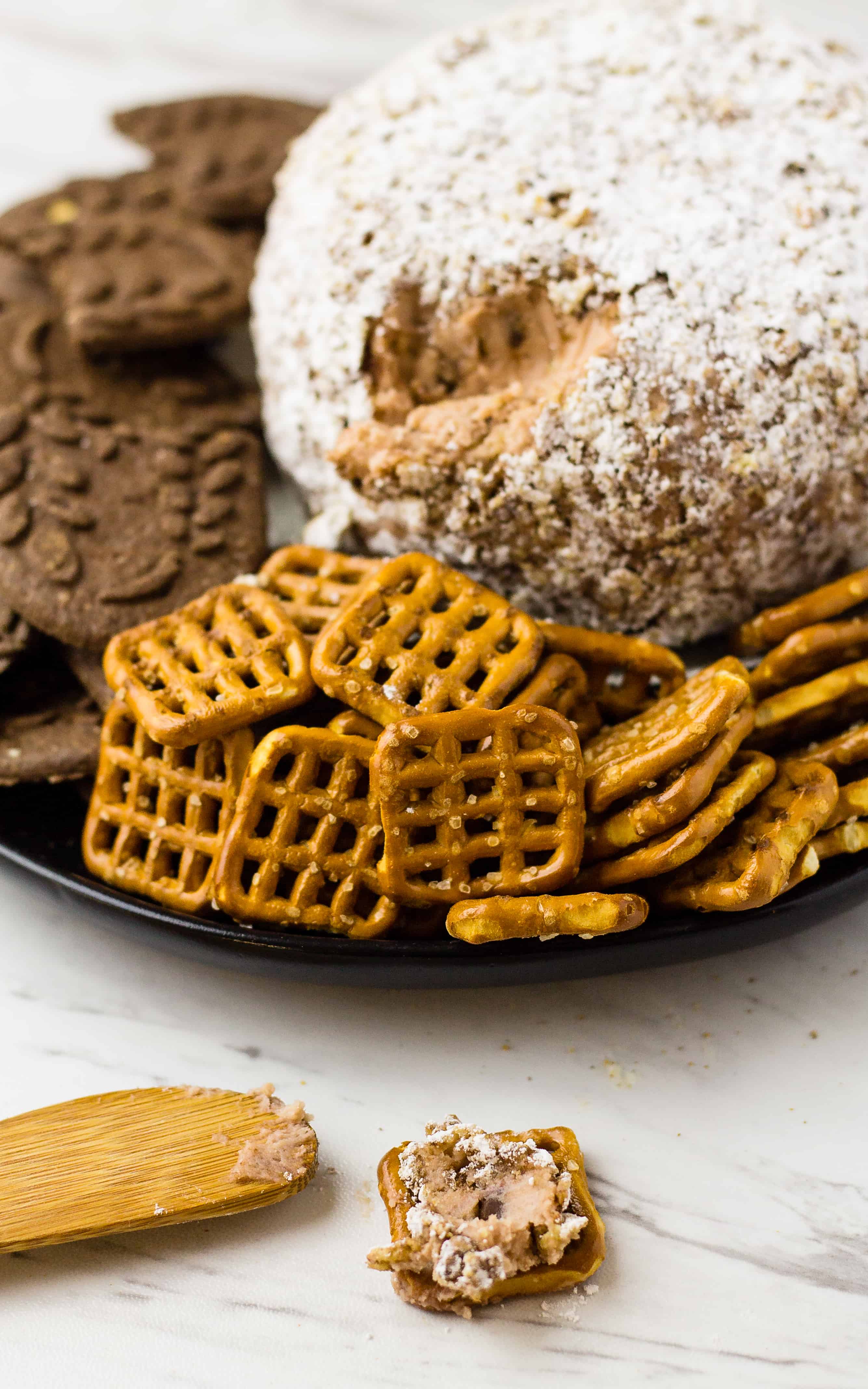 A Puppy Chow Cheese Ball for a new dessert ball! | Take Two Tapas | #PuppyChow #MuddyBuddies #ChexMix #SnackMix #CheeseBall #PuppyChowRecipe #MuddyBuddyRecipe #PuppyChowVariation