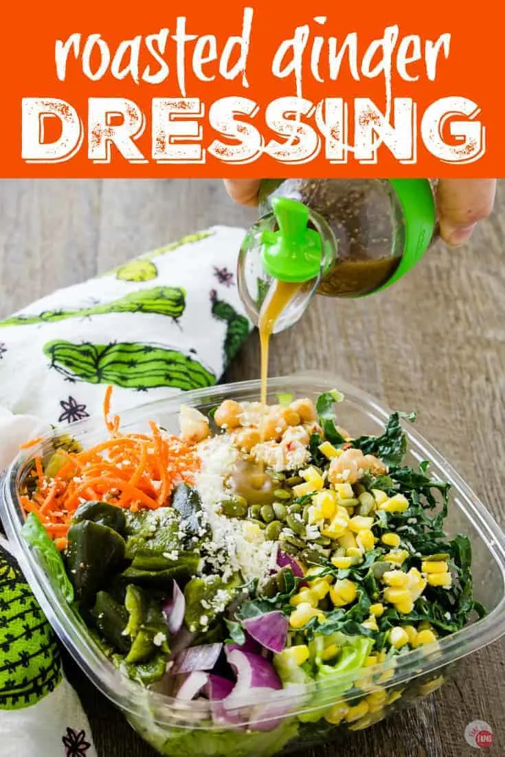Pinterest image with text "Roasted Ginger Dressing"