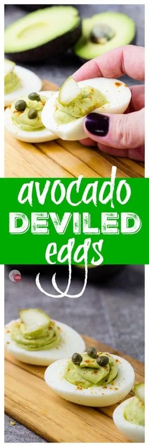 Pinterest double image with text "Avocado Deviled Eggs"