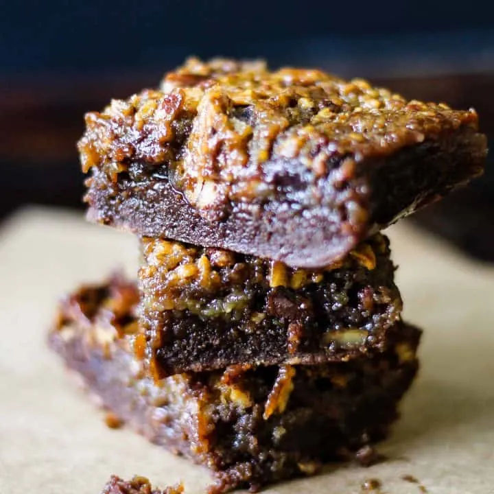 Side view of stack of Derby Pie Brownies