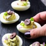 Mediterranean Deviled Eggs shine with feta | Take Two Tapas | #Mediterranean #Feta #DeviledEggs #Kalamata #Olives #Easter #MothersDay