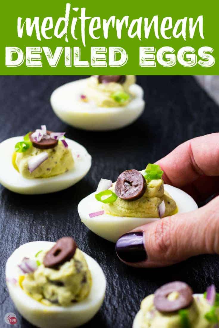 Pinterest image with text "Mediterranean Deviled Eggs"