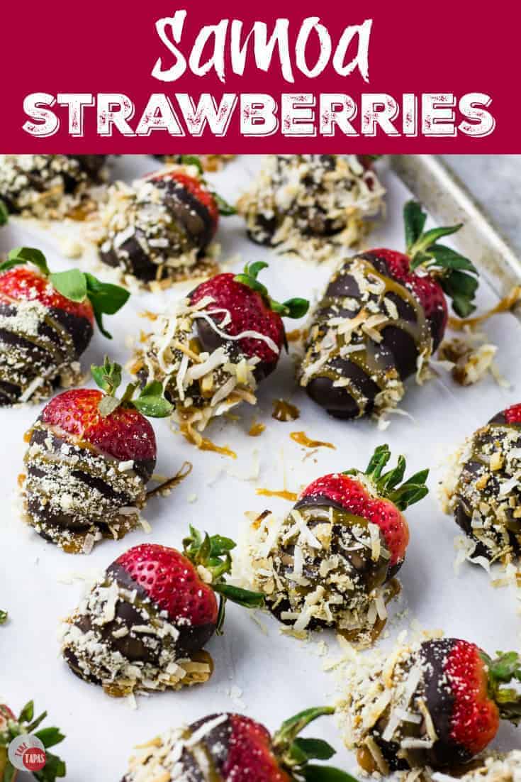 Girl Scout Cookie Samoa Strawberries | Take Two Tapas | #Samoa #Samoas #Cookies #Strawberries #Coconut #Caramel